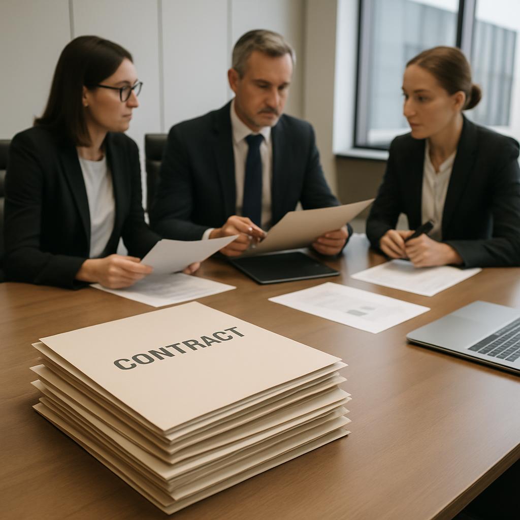 A stack of papers labeled "CONTRACT" sits on a table in an office setting.
